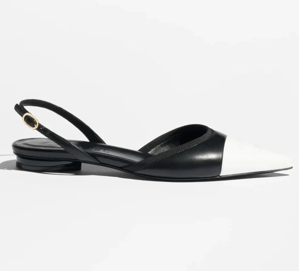 Chanel 26P Black White Pointed Toe CC Logo Slingback Ballet Ballerina Flat 38.5